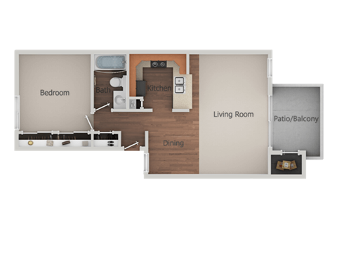 Floor plan for 1 bed, 1 bath, 672 sqft