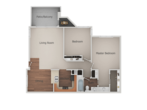 Floor plan for 2 beds, 1 bath, 864 sqft