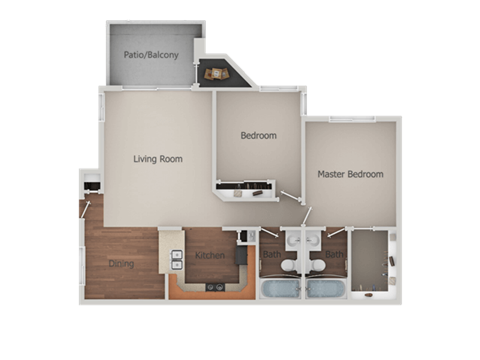 Floor plan for 2 beds, 2 baths, 884 sqft