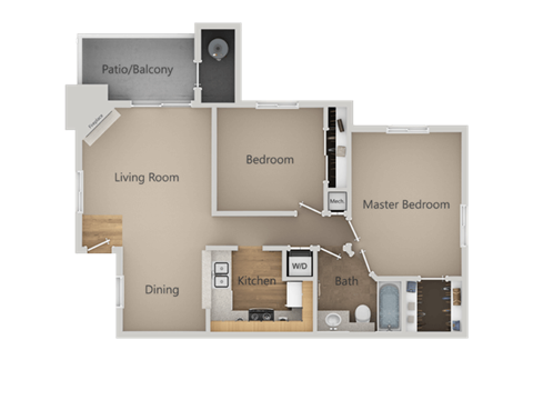 Floor plan for 2 beds, 1 bath, 864 sqft