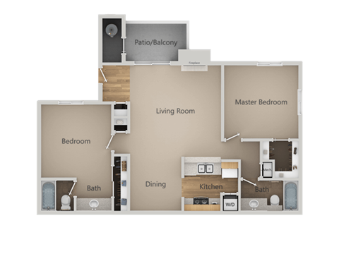 Floor plan for 2 beds, 2 baths, 1034 sqft