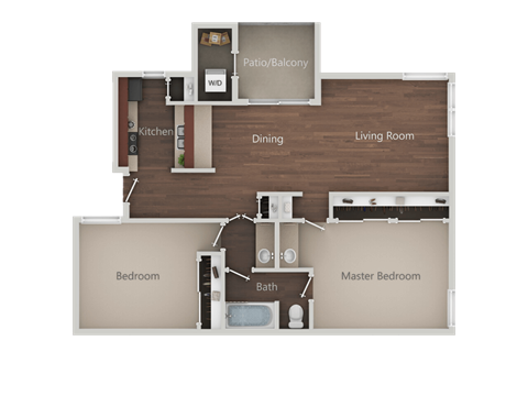 Floor plan for 2 beds, 1 bath, 937 sqft