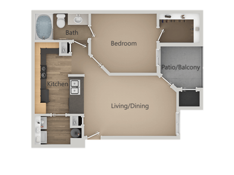 Floor plan for 1 bed, 1 bath, 739 sqft
