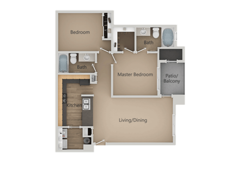 Floor plan for 2 beds, 2 baths, 1066 sqft