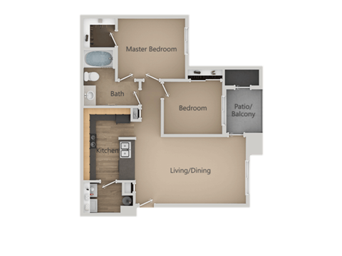 Floor plan for 2 beds, 1 bath, 948 sqft