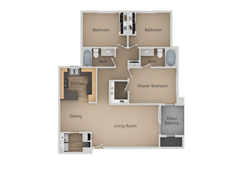 Floor plan for 3 beds, 2 baths, 1297 sqft