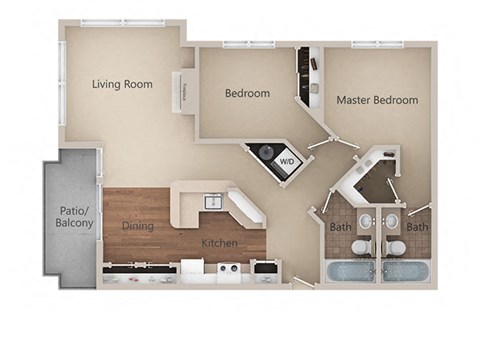 Floor plan for 2 beds, 2 baths, 1040 sqft