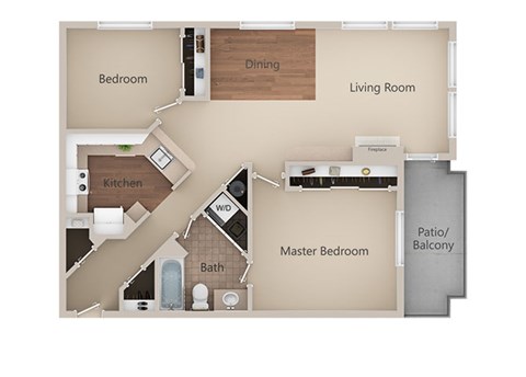Floor plan for 2 beds, 1 bath, 861 sqft