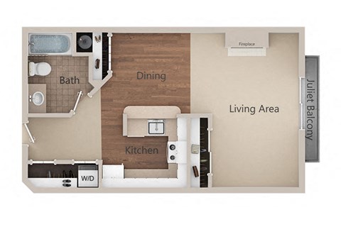 Floor plan for studio, 1 bath, 586 sqft