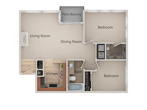 Floor plan for 2 beds, 1 bath, 898 sqft