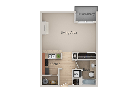 Floor plan for studio, 1 bath, 638 sqft