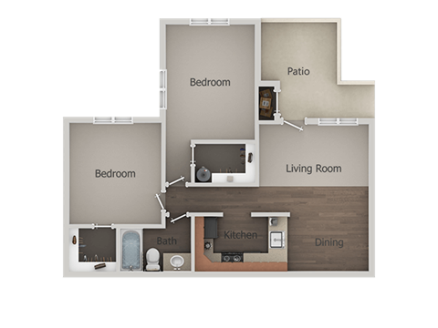 Floor plan for 2 beds, 1 bath, 687 sqft