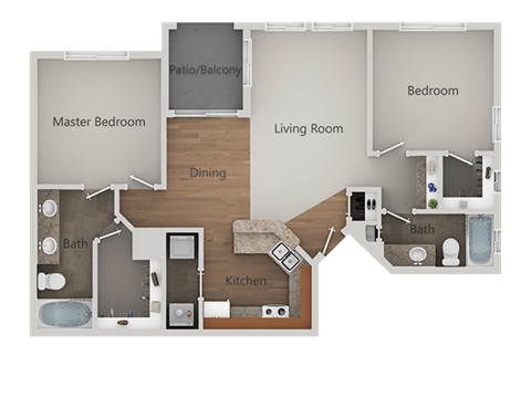 Floor plan for 2 beds, 2 baths, 1078 sqft