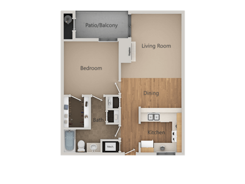 Floor plan for 1 bed, 1 bath, 691 sqft