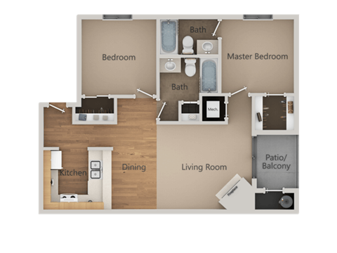Floor plan for 2 beds, 2 baths, 809 sqft