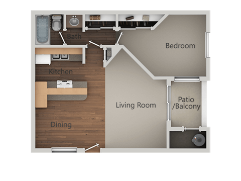 Floor plan for 1 bed, 1 bath, 676 sqft