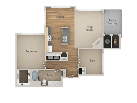 Floor plan for 1 bed, 1 bath, 975 sqft