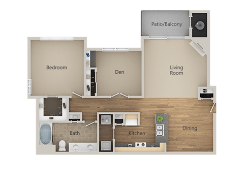 Floor plan for 1 bed, 1 bath, 970 sqft
