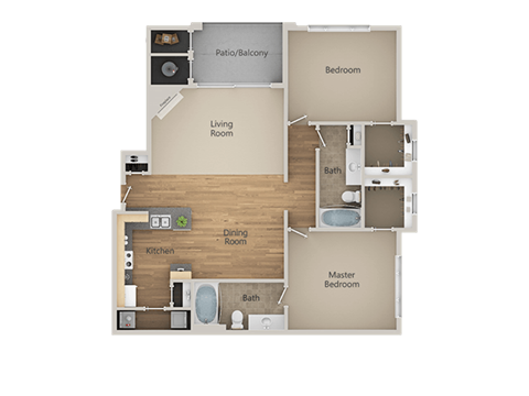 Floor plan for 2 beds, 2 baths, 1050 sqft