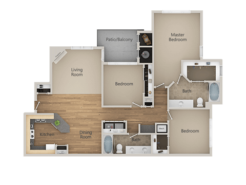 Floor plan for 3 beds, 2 baths, 1320 sqft