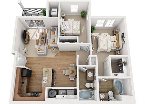 Floor plan for 2 beds, 2 baths, 1018 sqft