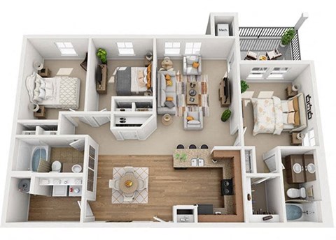 Floor plan for 3 beds, 2 baths, 1305 sqft