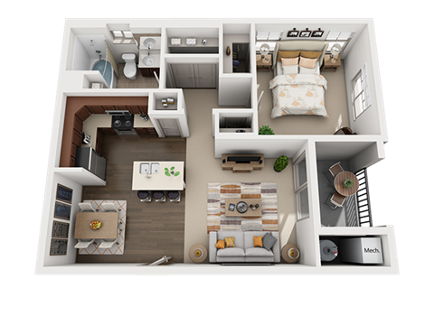 Floor plan for 1 bed, 1 bath, 689 sqft
