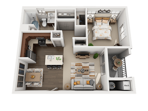 Floor plan for 1 bed, 1 bath, 689 sqft