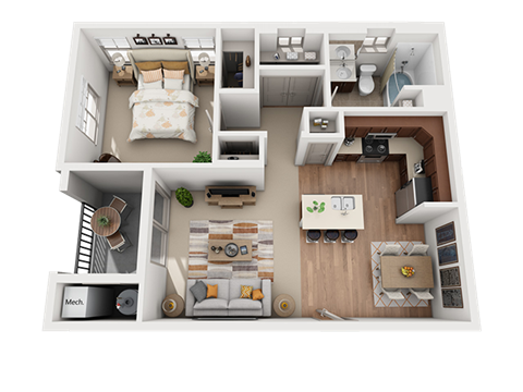 Floor plan for 1 bed, 1 bath, 684 sqft