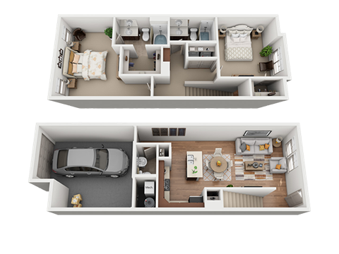 Floor plan for 2 beds, 2.5 baths, 1087 sqft