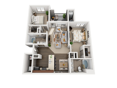 Floor plan for 2 beds, 2 baths, 982 sqft