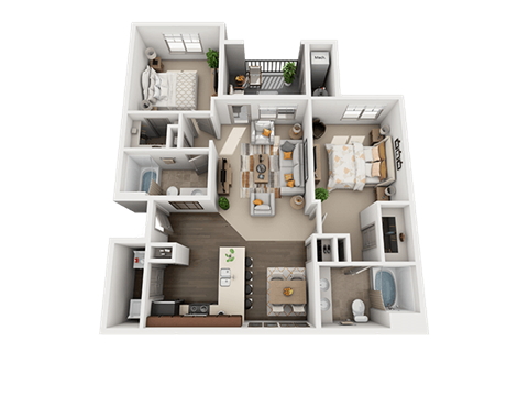 Floor plan for 2 beds, 2 baths, 982 sqft