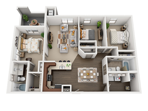 Floor plan for 3 beds, 2 baths, 1197 sqft