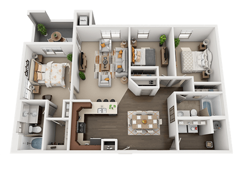 Floor plan for 3 beds, 2 baths, 1197 sqft