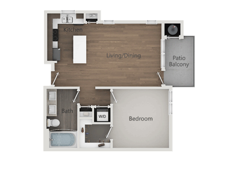 Floor plan for 1 bed, 1 bath, 755 sqft