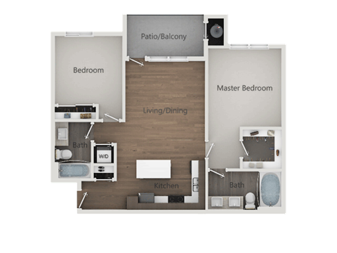 Floor plan for 2 beds, 2 baths, 1023 sqft