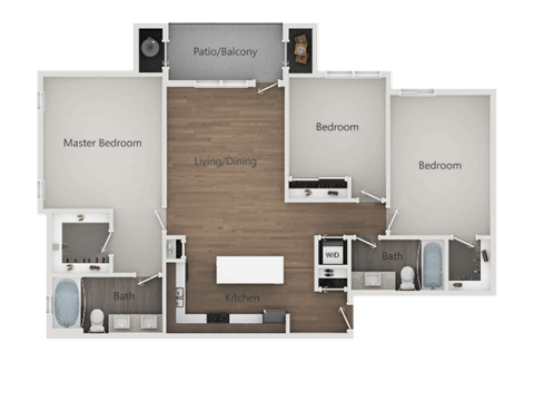 Floor plan for 3 beds, 2 baths, 1291 sqft