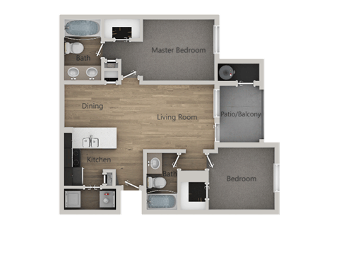 Floor plan for 2 beds, 2 baths, 1057 sqft