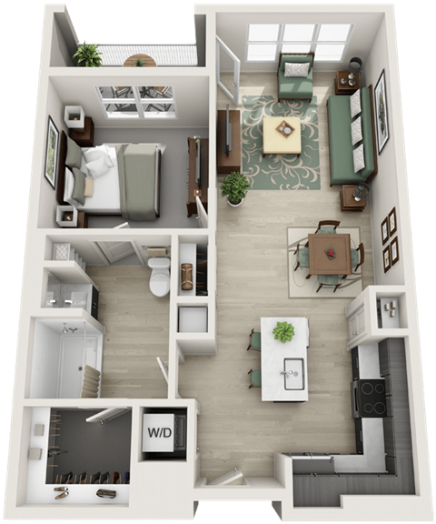 Floor plan for 1 bed, 1 bath, 743 sqft