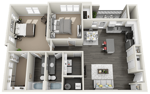 Floor plan for 2 beds, 2 baths, 972 sqft