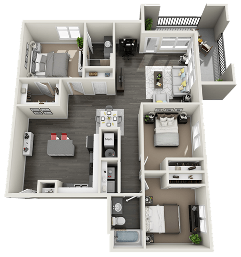 Floor plan for 3 beds, 2 baths, 1193 sqft