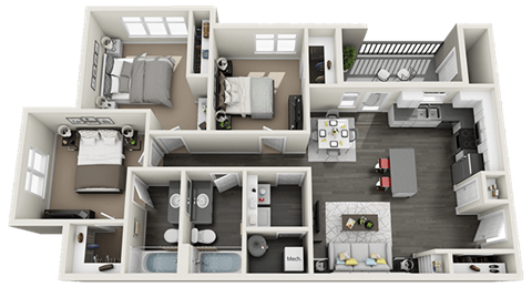 Floor plan for 3 beds, 2 baths, 1079 sqft