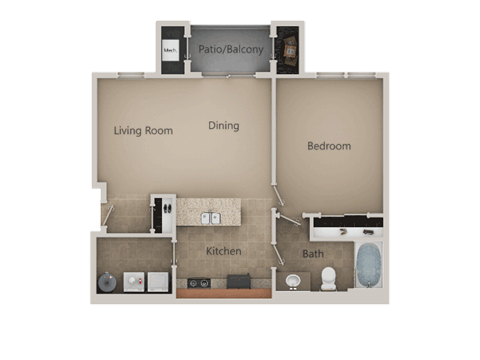 Floor plan for 1 bed, 1 bath, 817 sqft