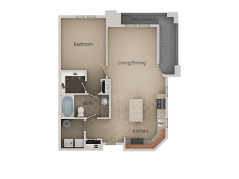 Floor plan for 1 bed, 1 bath, 914 sqft