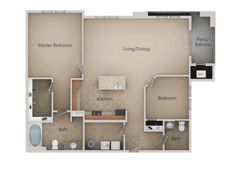 Floor plan for 2 beds, 1 bath, 1047 sqft