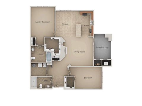 Floor plan for 2 beds, 2 baths, 1297 sqft