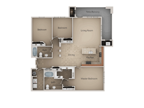 Floor plan for 3 beds, 2 baths, 1555 sqft