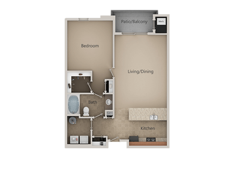 Floor plan for 1 bed, 1 bath, 853 sqft