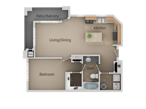 Floor plan for 1 bed, 1 bath, 737 sqft