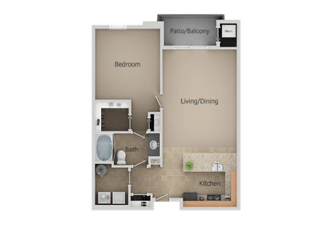 Floor plan for 1 bed, 1 bath, 757 sqft